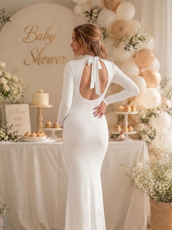 Momyknows Elegant White 3D Flowers Lace-Up Bodycon Mermaid Baby Shower Maternity Maxi Dress, White / S