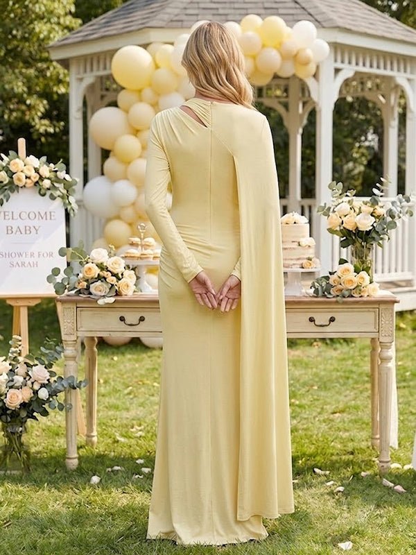 Momyknows Elegant Cape Bodycon Baby Shower Maternity Maxi Dress - Yellow - 2