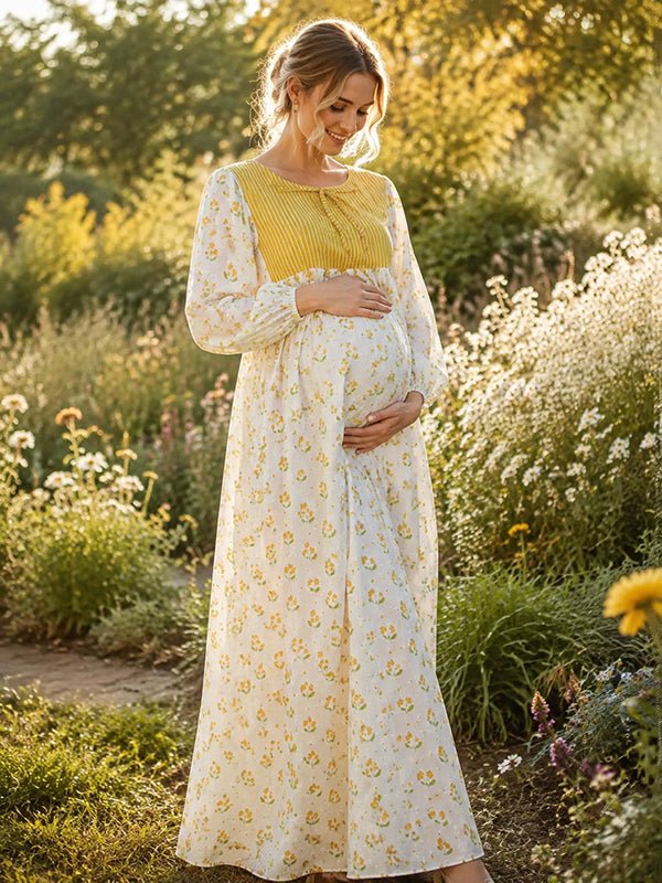 Momyknows Cute Yellow Floral Lace Up Maternity Maxi Dress - Yellow - 1