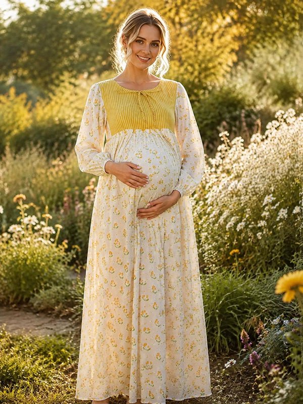 Momyknows Cute Yellow Floral Lace Up Maternity Maxi Dress - Yellow - 2