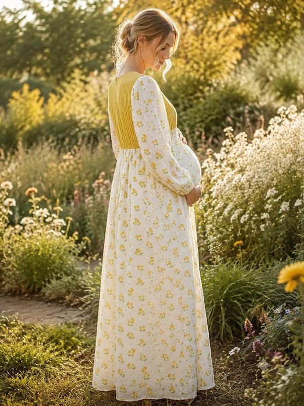 Momyknows Cute Yellow Floral Lace Up Maternity Maxi Dress - Yellow - 3