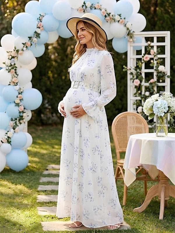 Momyknows Elegant White Floral Falbala Caftan Baby Shower Maternity Maxi Dress - White - 2
