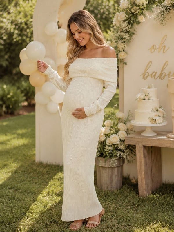 Momyknows Elegant Apricot Crochet Off Shoulder Baby Shower Maternity Maxi Dress - Apricot - 2