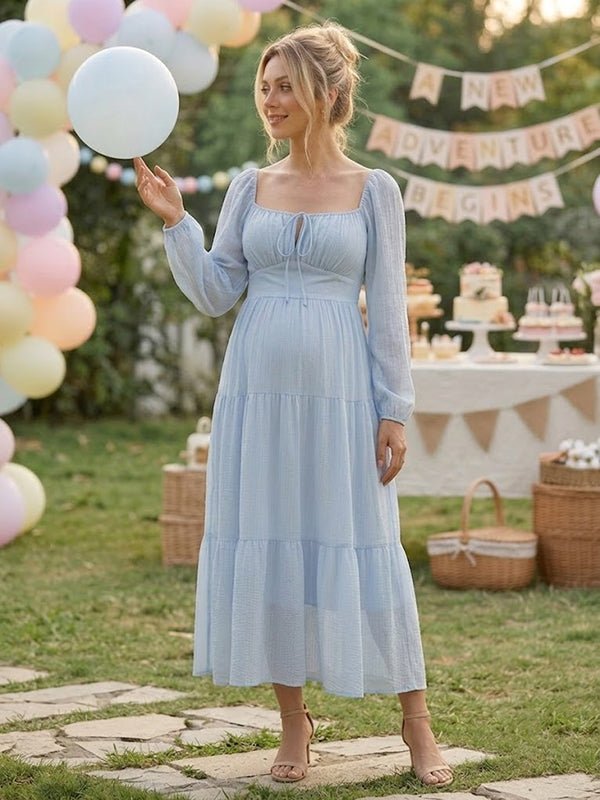 Momyknows Elegant Cut Out Lace Up Baby Shower Maternity Maxi Dress - Blue - 2