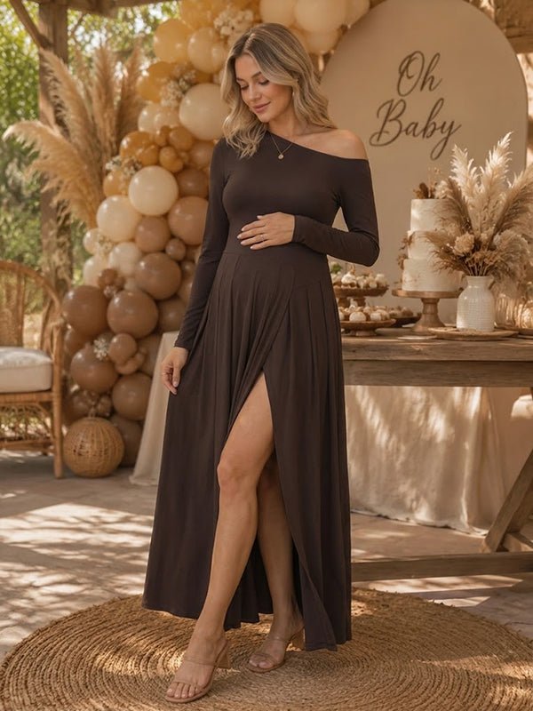 Momyknows Elegant Coffee Oblique Shoulder Side Slit Pleated Baby Shower Maternity Maxi Dress - Coffee - 1