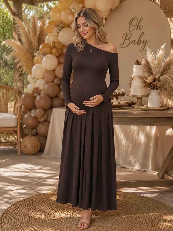 Momyknows Elegant Coffee Oblique Shoulder Side Slit Pleated Baby Shower Maternity Maxi Dress - Coffee - 2