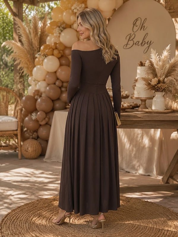 Momyknows Elegant Coffee Oblique Shoulder Side Slit Pleated Baby Shower Maternity Maxi Dress - Coffee - 3