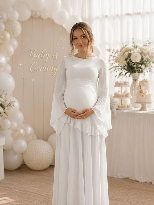 Momyknows Elegant White Lace-Up Grenadine Falbala Baby Shower Maternity Maxi Dress - White - 2