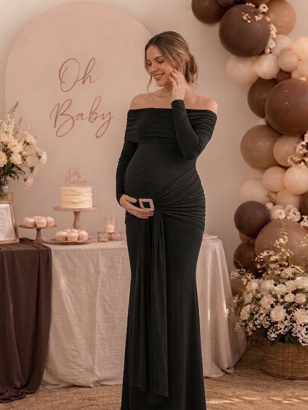 Momyknows Black Off Shoulder Studded Side Draped Ruched Baby Shower Maternity Maxi Dress - Black - 2