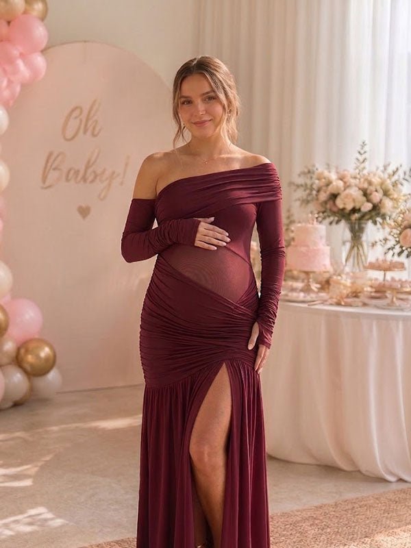 Momyknows Red Oblique Shoulder Bodycon Ruched Side Slit Baby Shower Maternity Maxi Dress - Red - 2