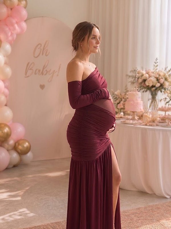 Momyknows Red Oblique Shoulder Bodycon Ruched Side Slit Baby Shower Maternity Maxi Dress - Red - 3
