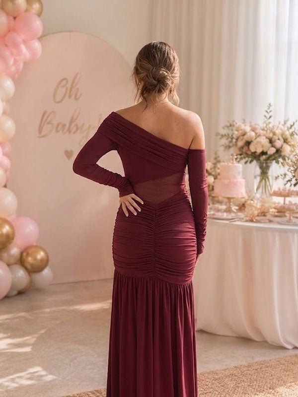 Momyknows Red Oblique Shoulder Bodycon Ruched Side Slit Baby Shower Maternity Maxi Dress - Red - 4