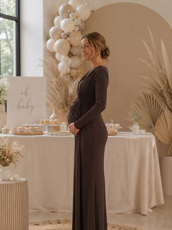 Silhouette, for Baby Shower
Brown Maternity Maxi Dress with Twist Knot and Ruched Detail Bodycon Fit