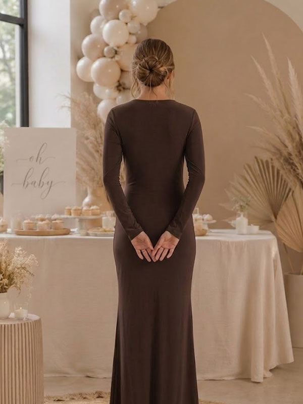 Brown Maternity Dress with Gathered Knot and Long Sleeves Bodycon Silhouette
