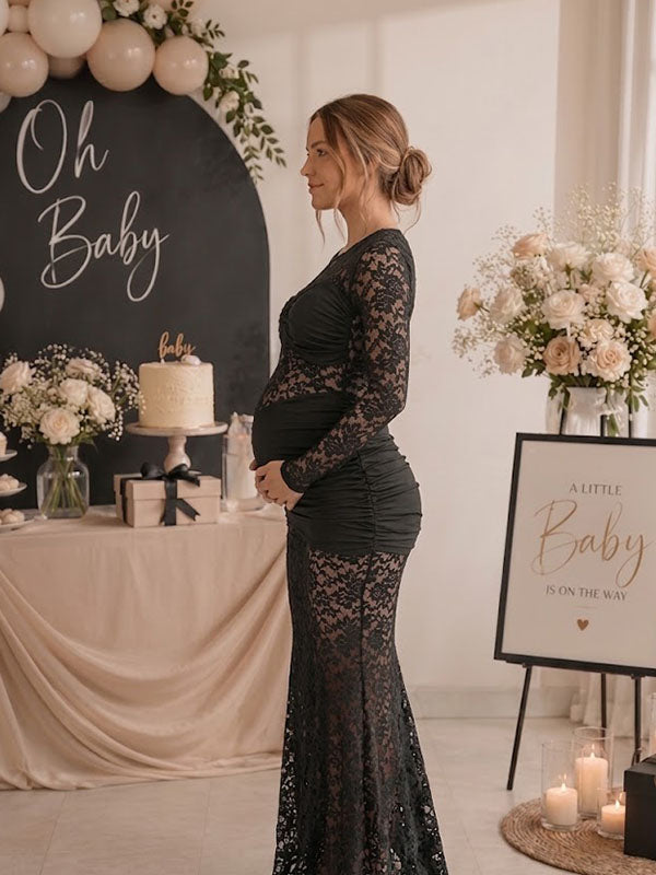Black Lace Maternity Gown with Twist Bust and Cascading Side Drape Bodycon Fit
