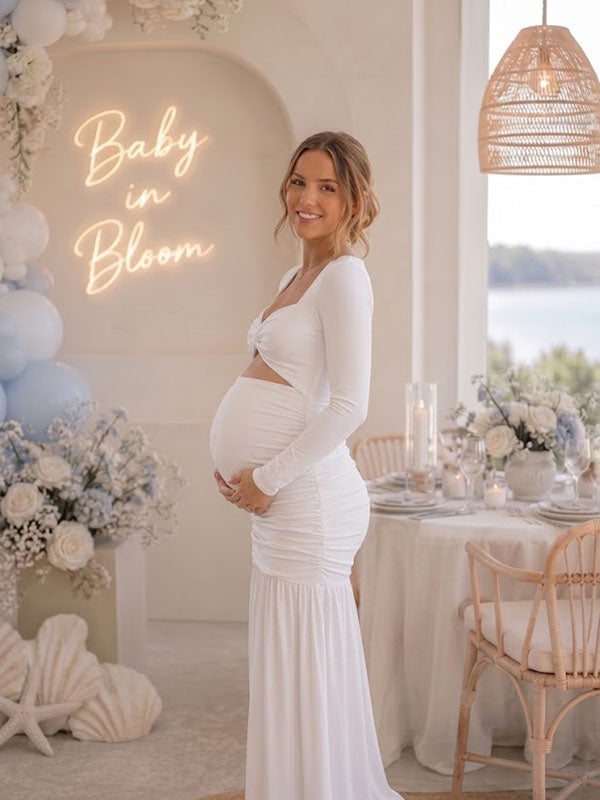 Elegant White Maternity Gown with Ruched Drop Waist and Hollow Out Midriff Flowy Silhouette