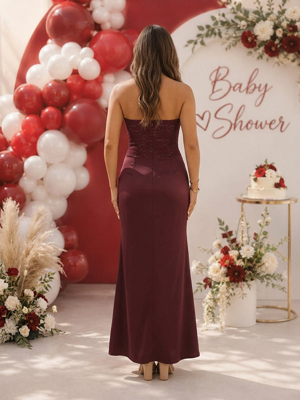 Wine Red Lace Bandeau Baby Shower Maternity Maxi Dress with Ruched Detailing