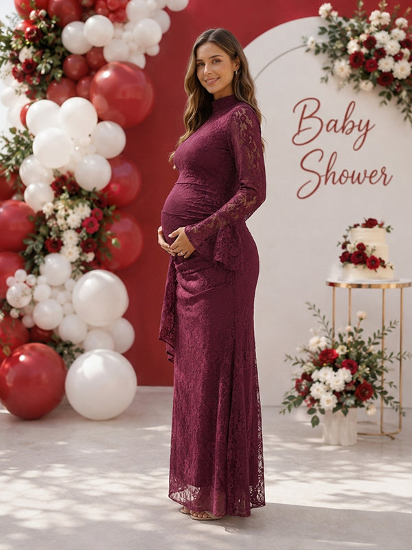 Wine Red Lace Side Draped Baby Shower Maternity Maxi Dress with Flare Sleeves Dacron