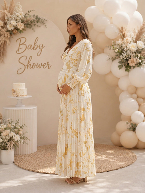 Floral Pleated Baby Shower Maternity Maxi Dress with Gold Foil Stamping Dacron