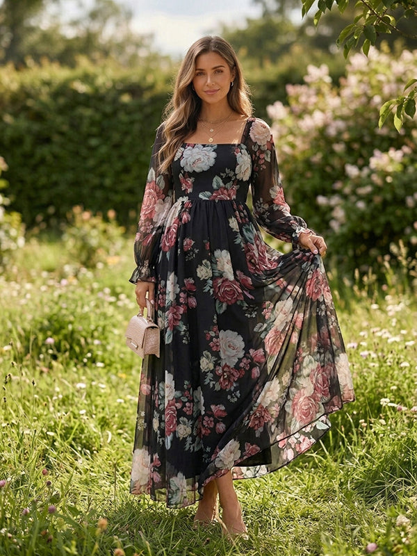Floral Chiffon Vacation Maternity Maxi Dress with Square Neck Dacron