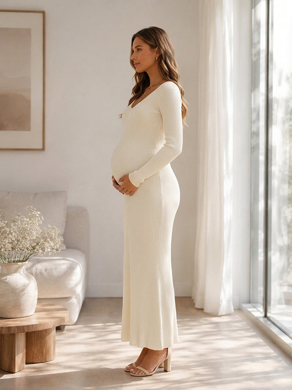 Apricot Crochet Bodycon Maternity Maxi Dress with V-Neck Viscose and Polyester
