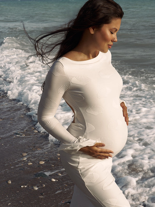 White Shell Maternity Maxi Dress with Tie Back Bodycon Fit