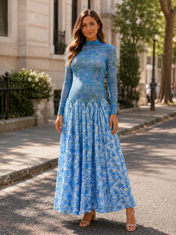 Blue Floral Color Blocking Maternity Maxi Dress with Flowy Style Polyester Fabric