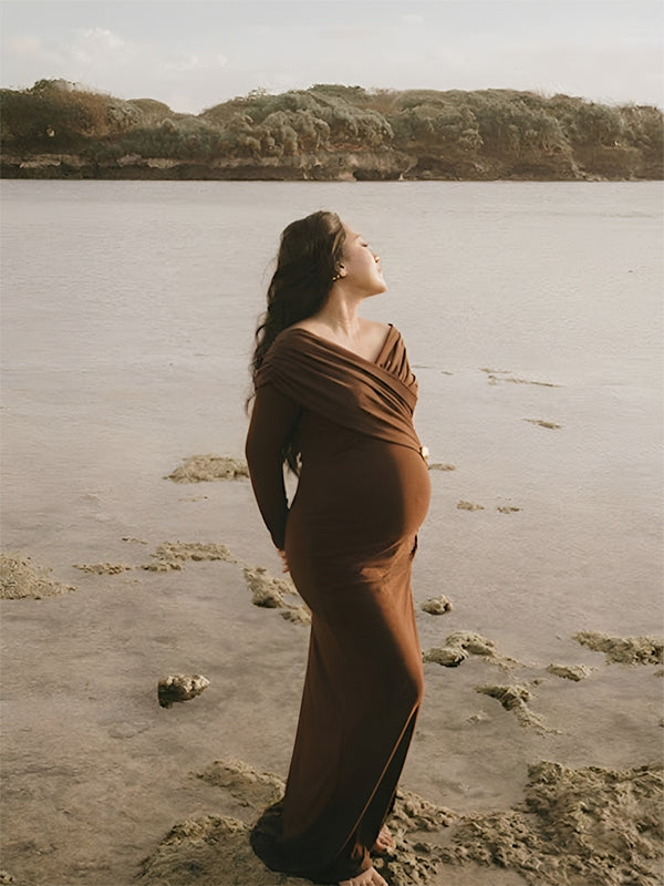 Brown Cross Chest Maternity Maxi Dress with Elegant Detail and Bodycon Fit, Beach Photoshoot