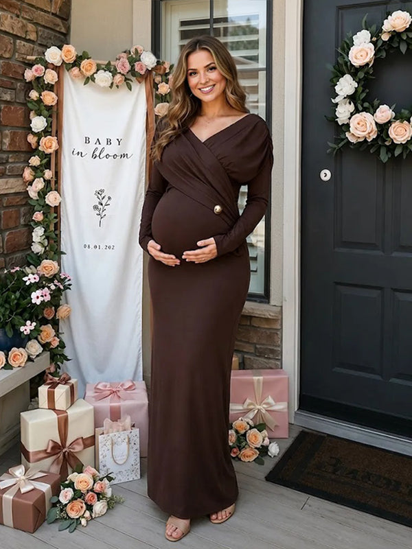 Brown Cross Chest Maternity Maxi Dress with Elegant Detail and Bodycon Fit, Baby Shower