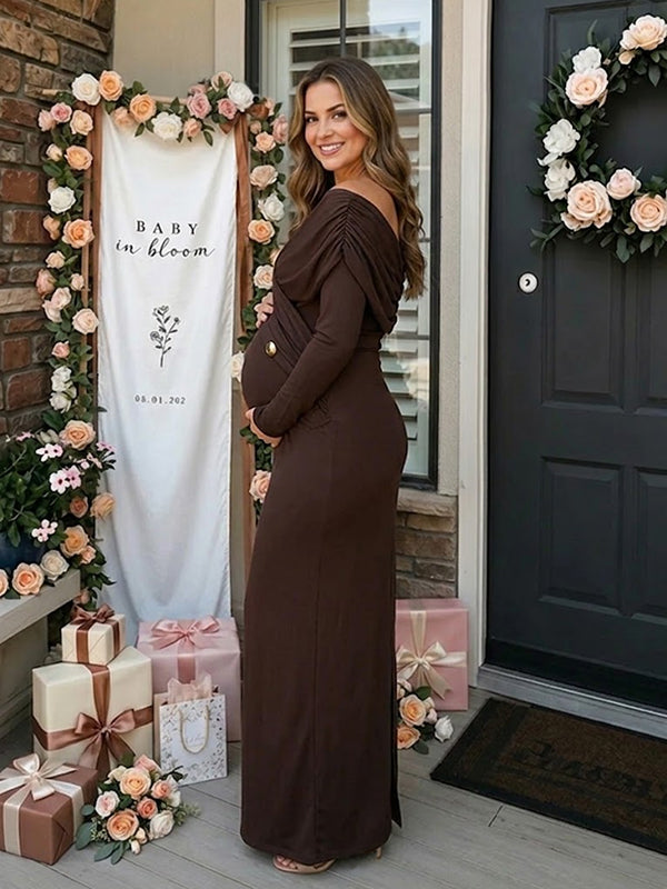 Brown Cross Chest Maternity Maxi Dress with Cross Chest Detail Bodycon Fit