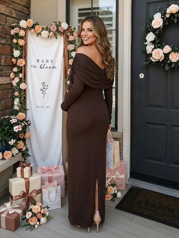 Brown Cross Chest Maternity Maxi Dress with Elegant Cross Chest Detail