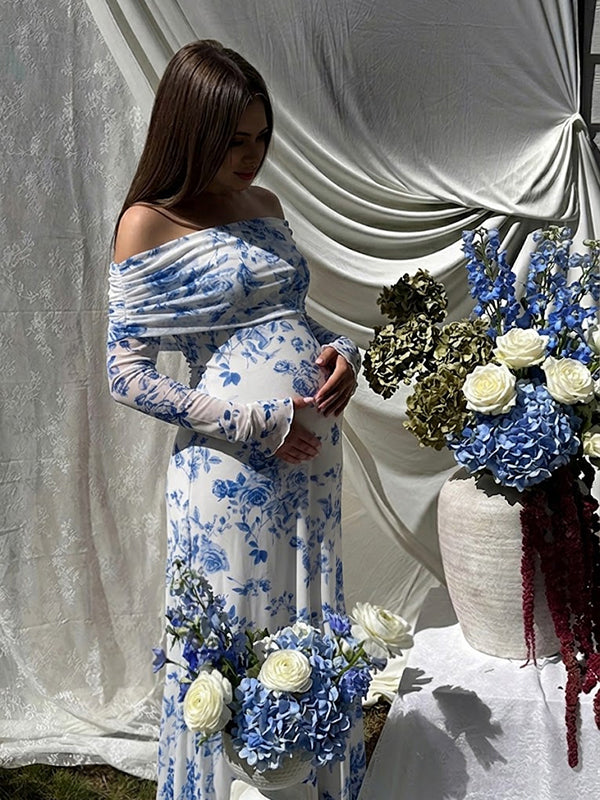 Blue Floral Tulle Maternity Maxi Dress with Elegant Off-Shoulder Detail and Bodycon Fit, Baby Shower