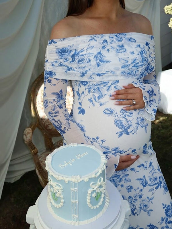 Blue Floral Tulle Maternity Maxi Dress with Elegant Floral Tulle Detail