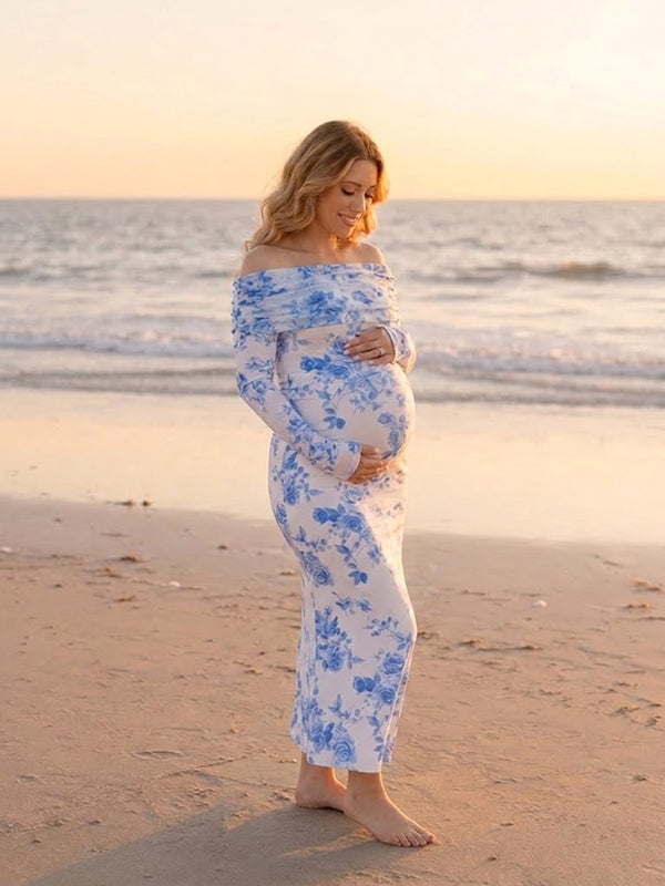 Blue Floral Tulle Maternity Maxi Dress with Elegant Off-Shoulder Detail and Bodycon Fit, Beach Photoshoot