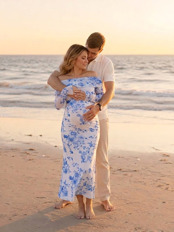 Blue Floral Tulle Maternity Maxi Dress with Floral Tulle Detail Bodycon Fit