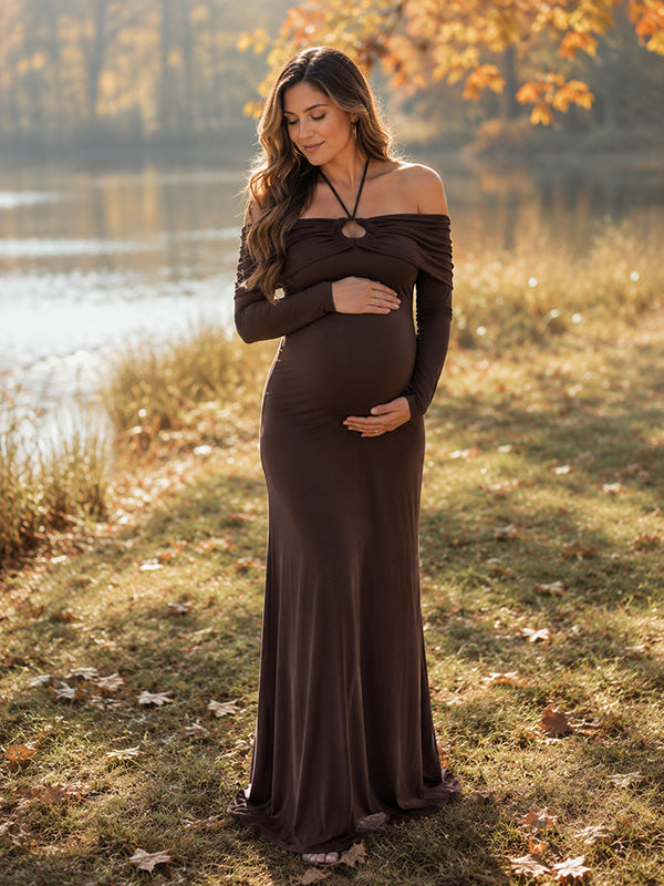 Brown Halter Neck Maternity Maxi Dress with Off-Shoulder Lace-Up Detail and Elegant Fit, Outdoor Photoshoot