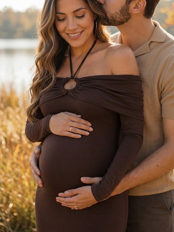 Brown Halter Neck Maternity Maxi Dress with Off-Shoulder Lace-Up Detail Elegant Fit