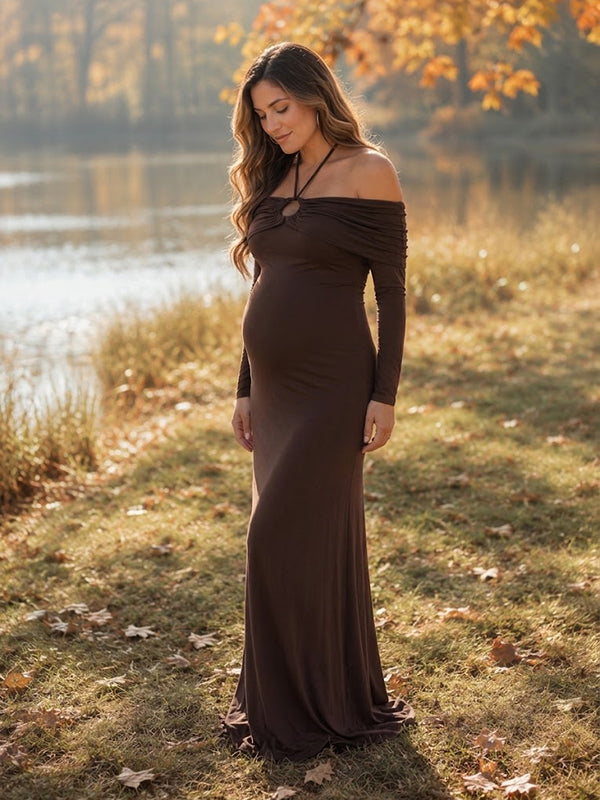 Brown Halter Neck Maternity Maxi Dress with Off-Shoulder Lace-Up Detail