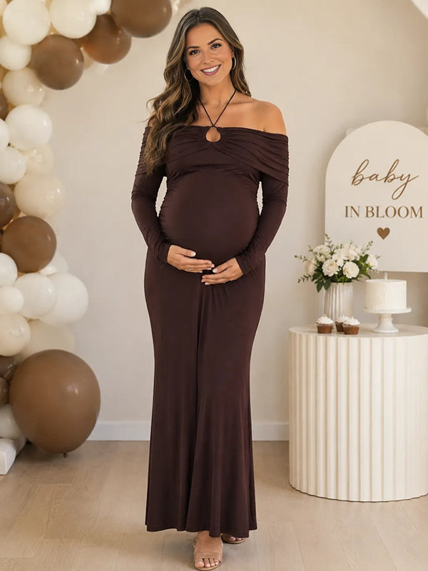 Brown Halter Neck Maternity Maxi Dress with Off-Shoulder Lace-Up Detail and Elegant Fit, Baby Shower