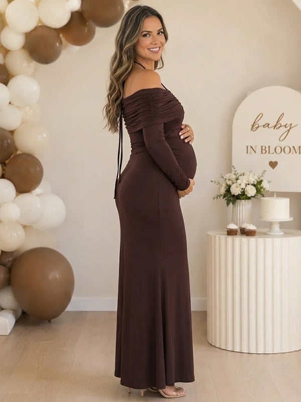 Brown Halter Neck Maternity Maxi Dress with Off-Shoulder Lace-Up Detail Elegant Fit