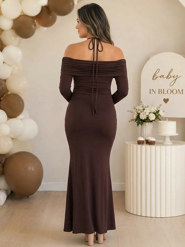 Brown Halter Neck Maternity Maxi Dress with Halter Neck Lace-Up Detail