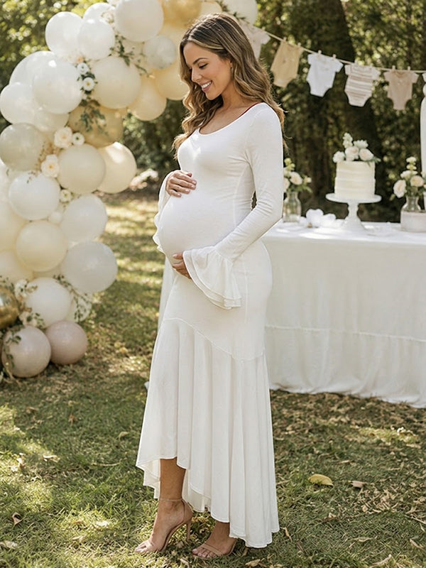 White Falbala Maternity Maxi Dress with Falbala Detail Irregular Bodycon Fit
