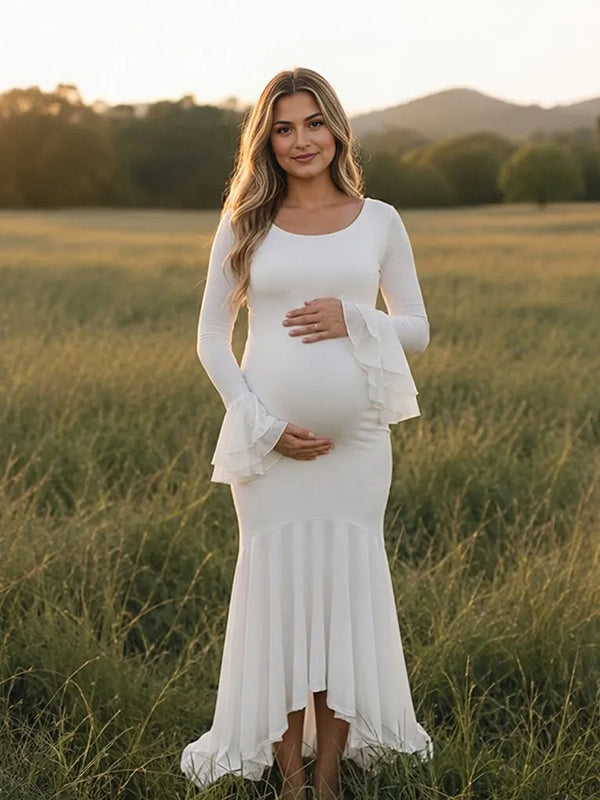 White Falbala Maternity Maxi Dress with Falbala Detail Irregular Bodycon Fit