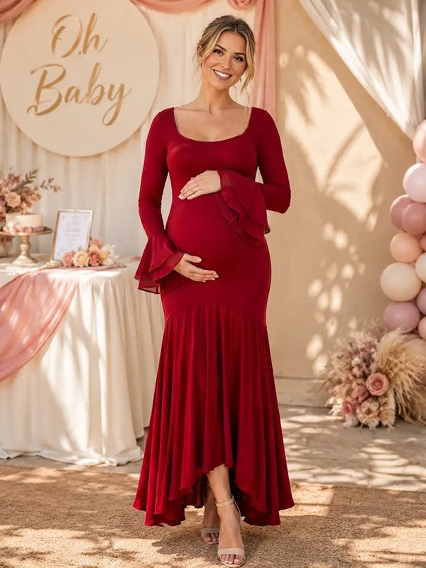 Red Falbala Maternity Maxi Dress with Elegant Detail and Irregular Bodycon Fit, Baby Shower