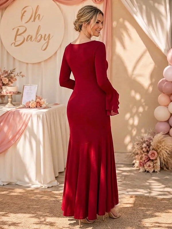 Red Falbala Maternity Maxi Dress with Falbala Detail Irregular Bodycon Fit