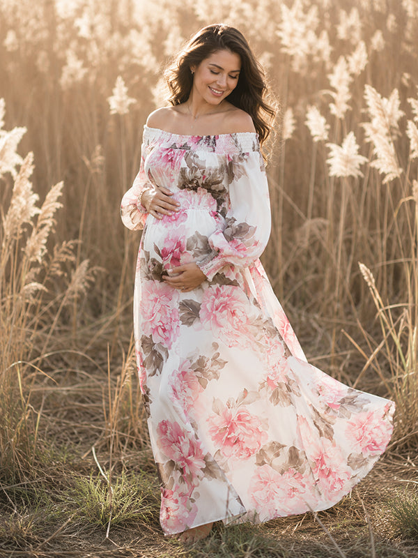 White Floral Flowy Maternity Maxi Dress with Elegant Pattern and Loose Off-Shoulder Fit, Outdoor Photoshoot