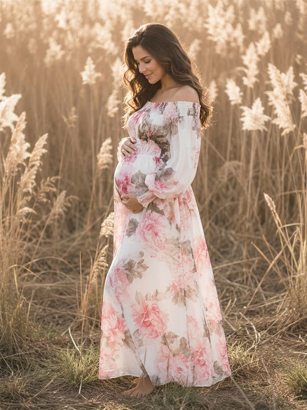 White Floral Flowy Maternity Maxi Dress with Elegant Floral Pattern Loose Off-Shoulder Fit