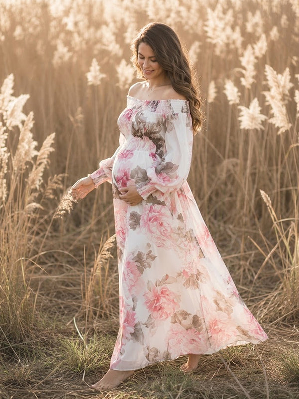 White Floral Flowy Maternity Maxi Dress with Elegant Floral Pattern