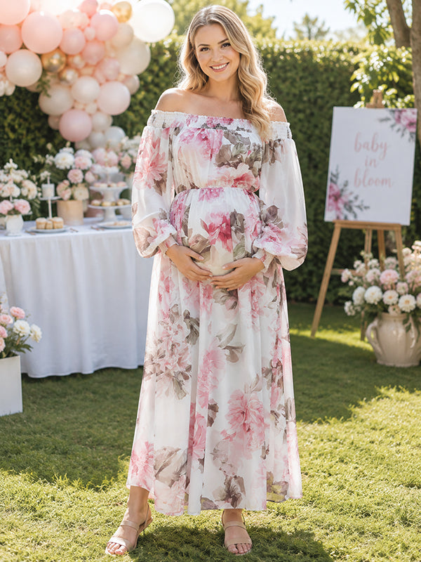 White Floral Flowy Maternity Maxi Dress with Elegant Pattern and Loose Off-Shoulder Fit, Baby Shower