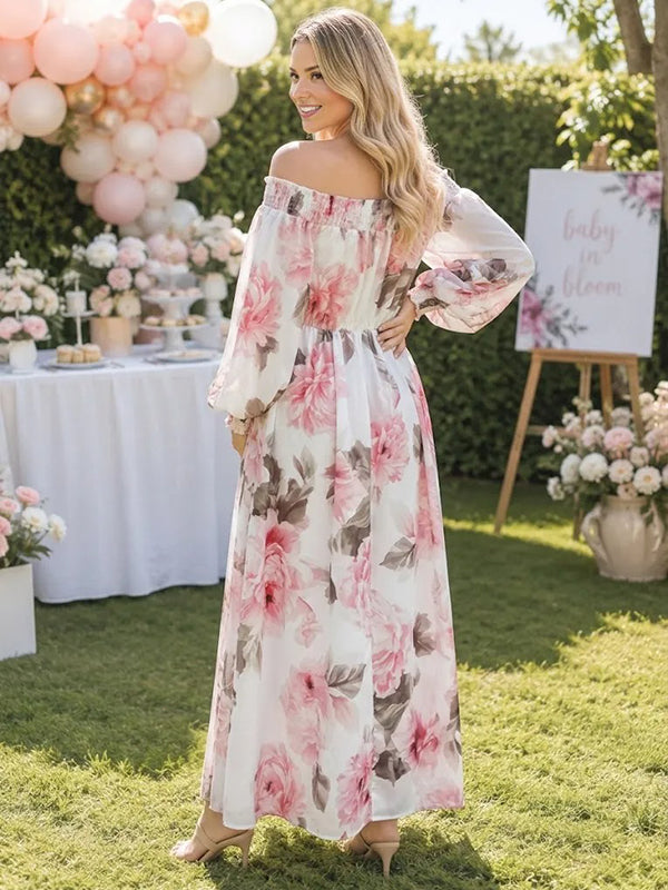 White Floral Flowy Maternity Maxi Dress with Elegant Floral Pattern Loose Off-Shoulder Fit